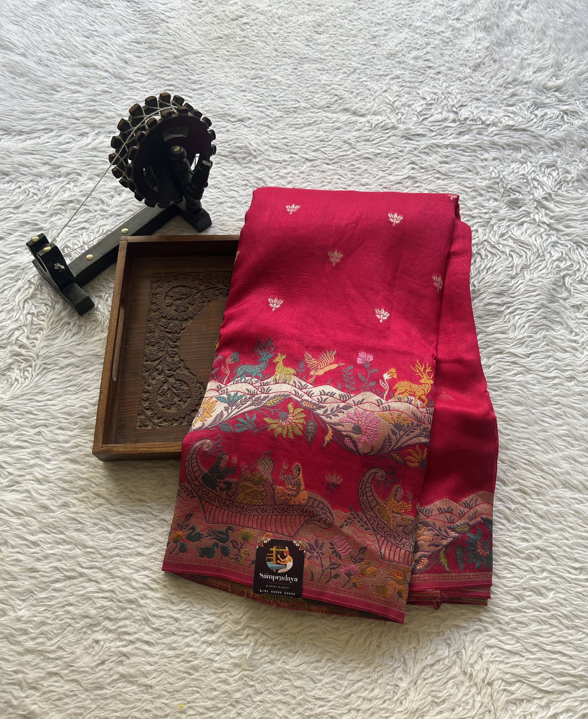 Banarasi Tussar Georgette Saree Dark Pink Colored Exquisite Minakari Border. - Sampradaya Designer Studio