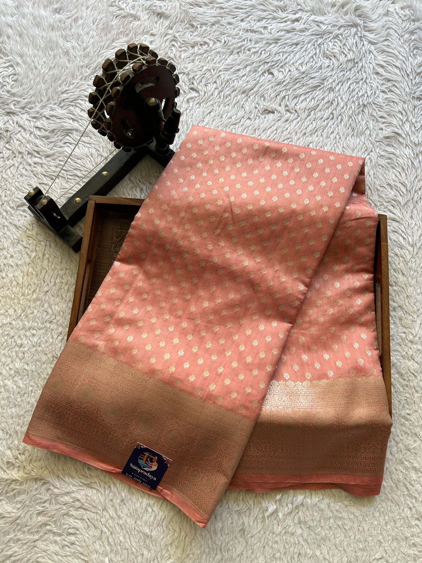 Pure Chiniya Silk Saree Peach Pink Colored Elegantly Paired with a Silver Zari Border. - Sampradaya Designer Studio