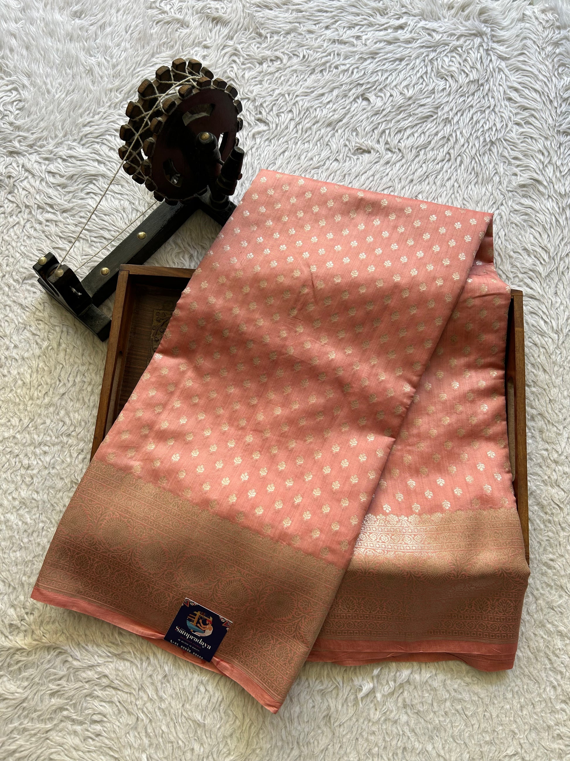 Pure Chiniya Silk Saree Peach Pink Colored Elegantly Paired with a Silver Zari Border. - Sampradaya Designer Studio