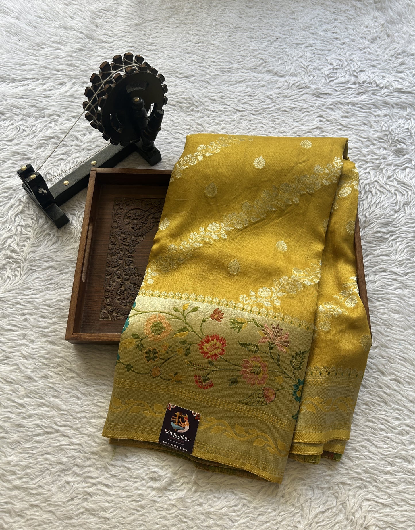 Banarasi Tussar Georgette Saree Yellow Colored Paired With a Minakari Border. - Sampradaya Designer Studio