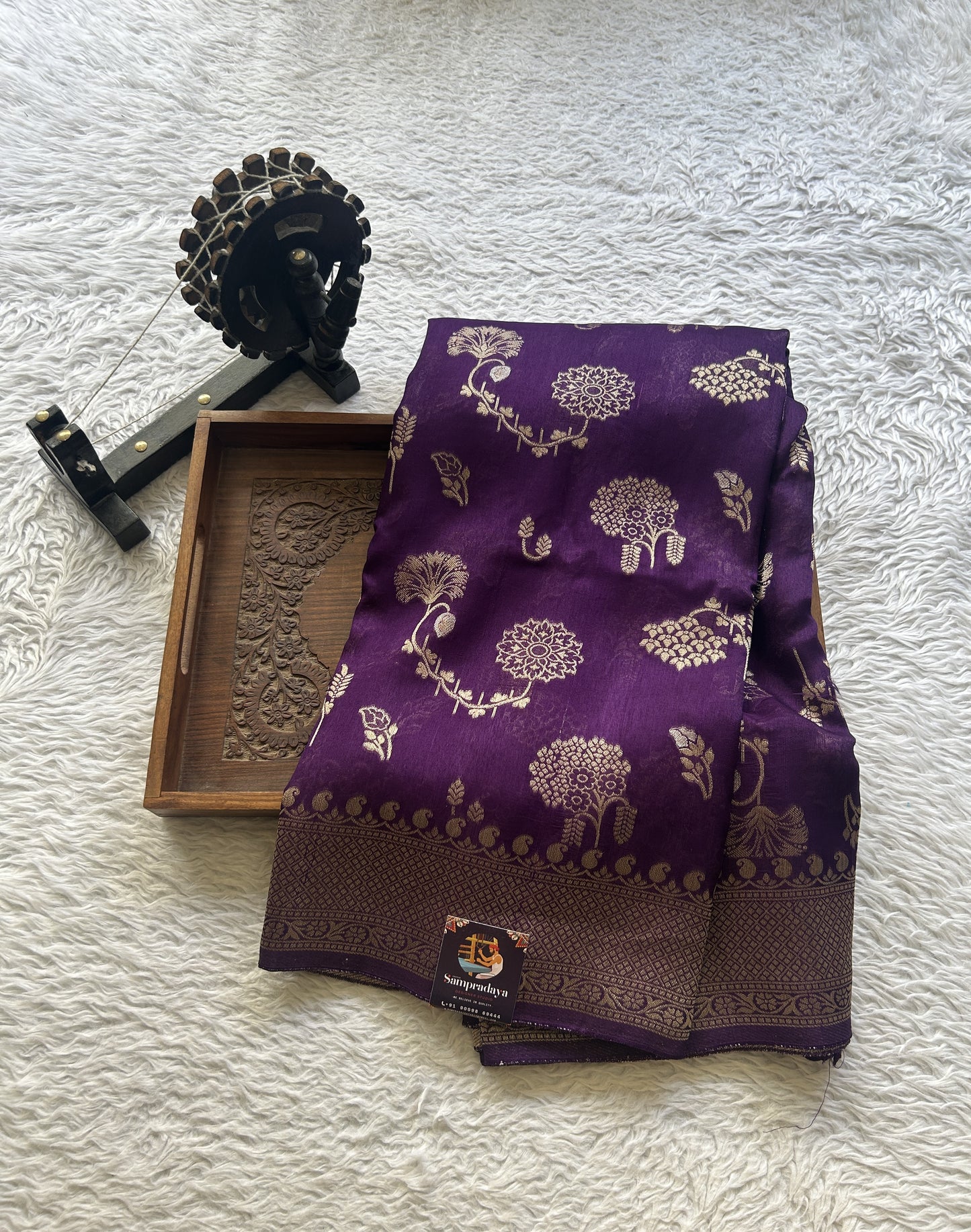Banarasi Tussar Georgette Saree Deep Violet Colored Paired With a Zari Border. - Sampradaya Designer Studio