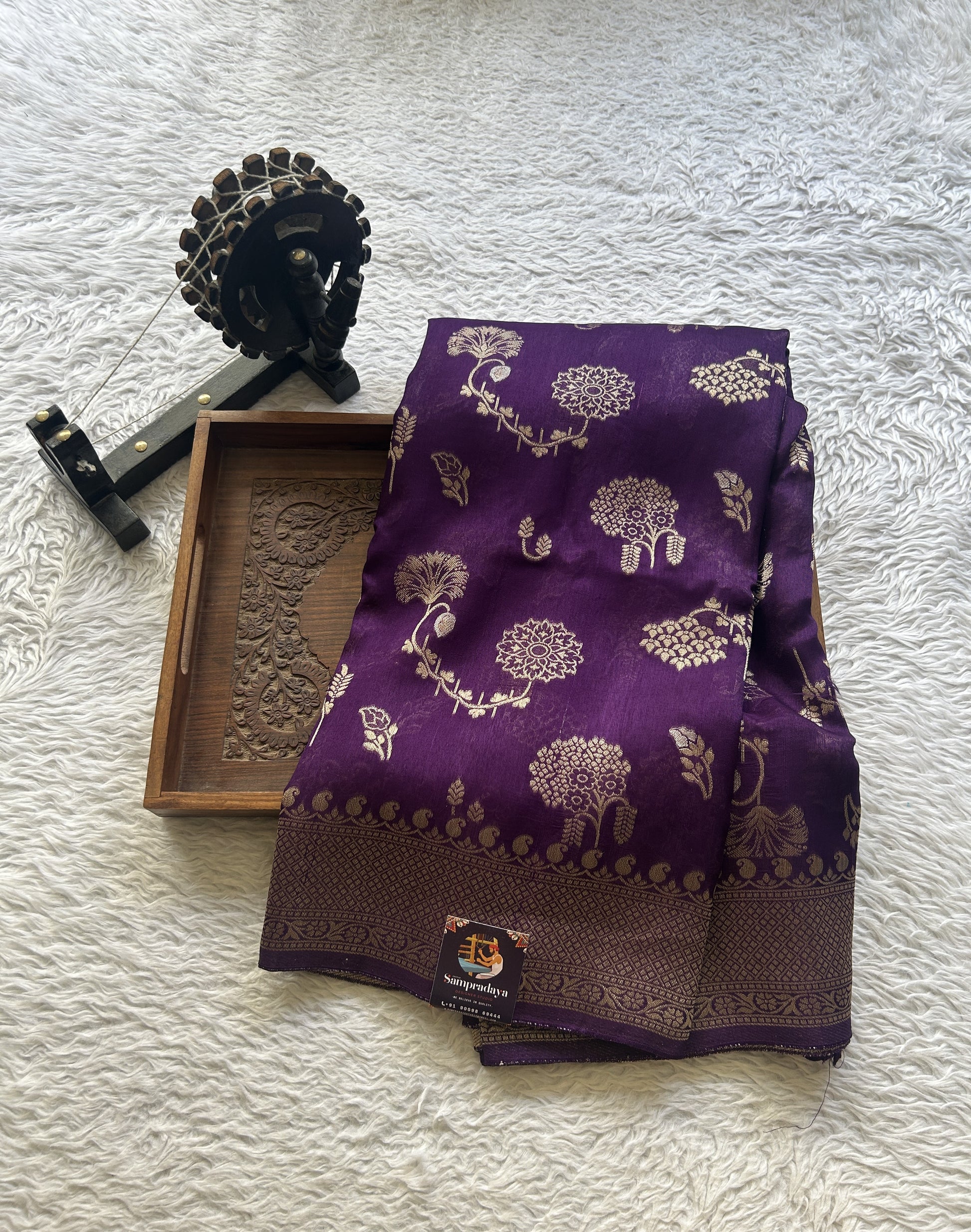 Banarasi Tussar Georgette Saree Deep Violet Colored Paired With a Zari Border. - Sampradaya Designer Studio