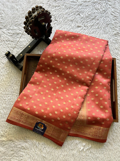 Pure Chiniya Silk Saree Flamingo Colored Elegantly Paired with a Gold Zari Border. - Sampradaya Designer Studio