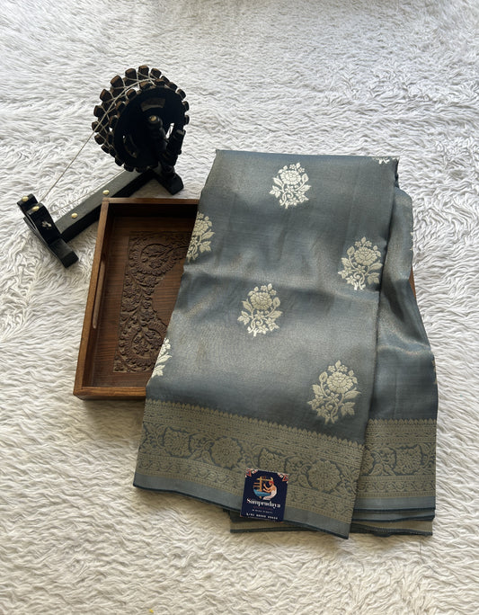 Semi Georgette Tissue Saree Gray Colored Complemented with a Zari Border. - Sampradaya Designer Studio