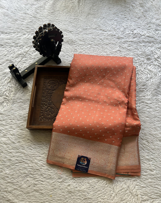 Viscose Georgette Saree Peach Colored Elegantly Paired with a Zari Border. - Sampradaya Designer Studio