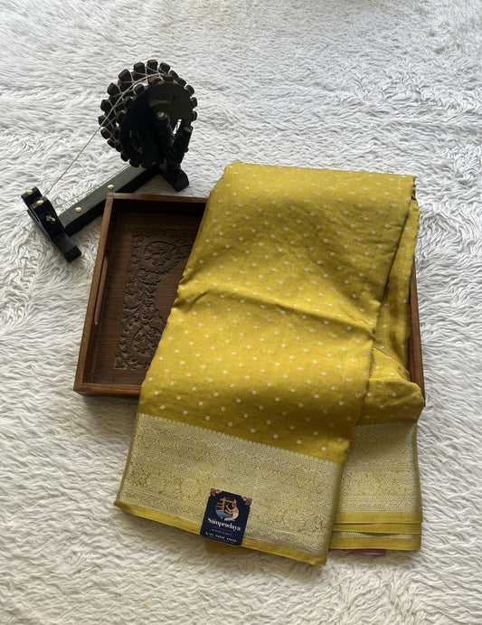 Viscose Georgette Saree Yellow Colored Elegantly Paired with a Zari Border. - Sampradaya Designer Studio