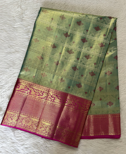 Kanjivaram Bridal Silk Saree Sea Blue colored Saree complemented with a Pink Colored Kanchi border. - Sampradaya Designer Studio
