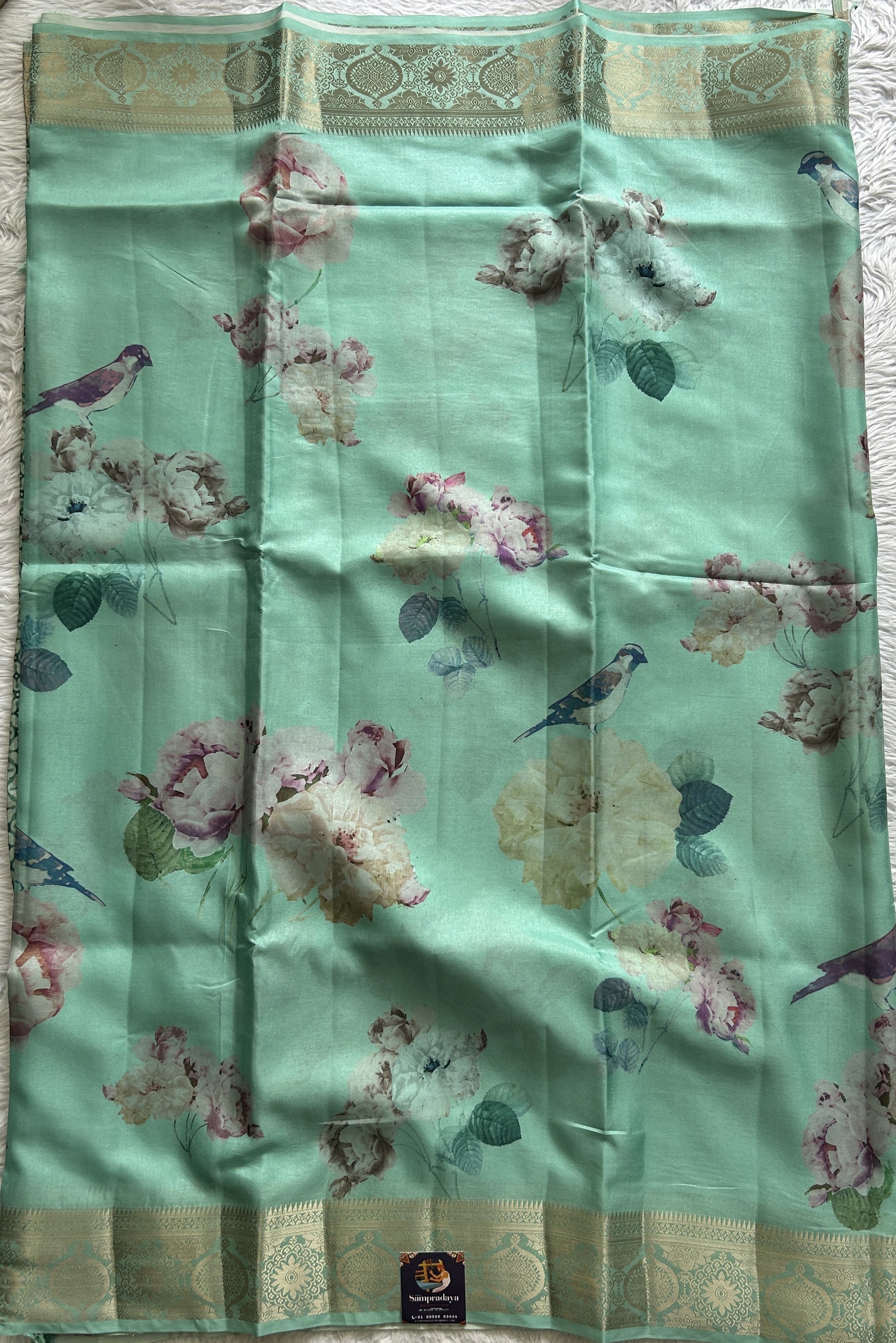Banarasi Soft Silk Saree Aqua Green Colored Complemented with a Zari Border. - Sampradaya Designer Studio