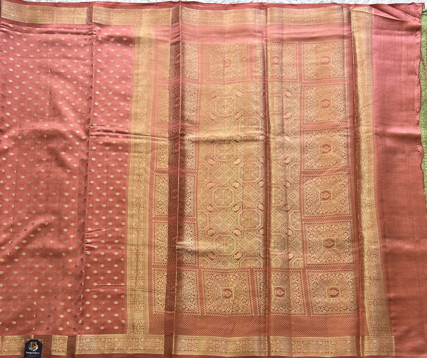 Pure Chiniya Silk Saree Flamingo Colored Elegantly Paired with a Gold Zari Border. - Sampradaya Designer Studio