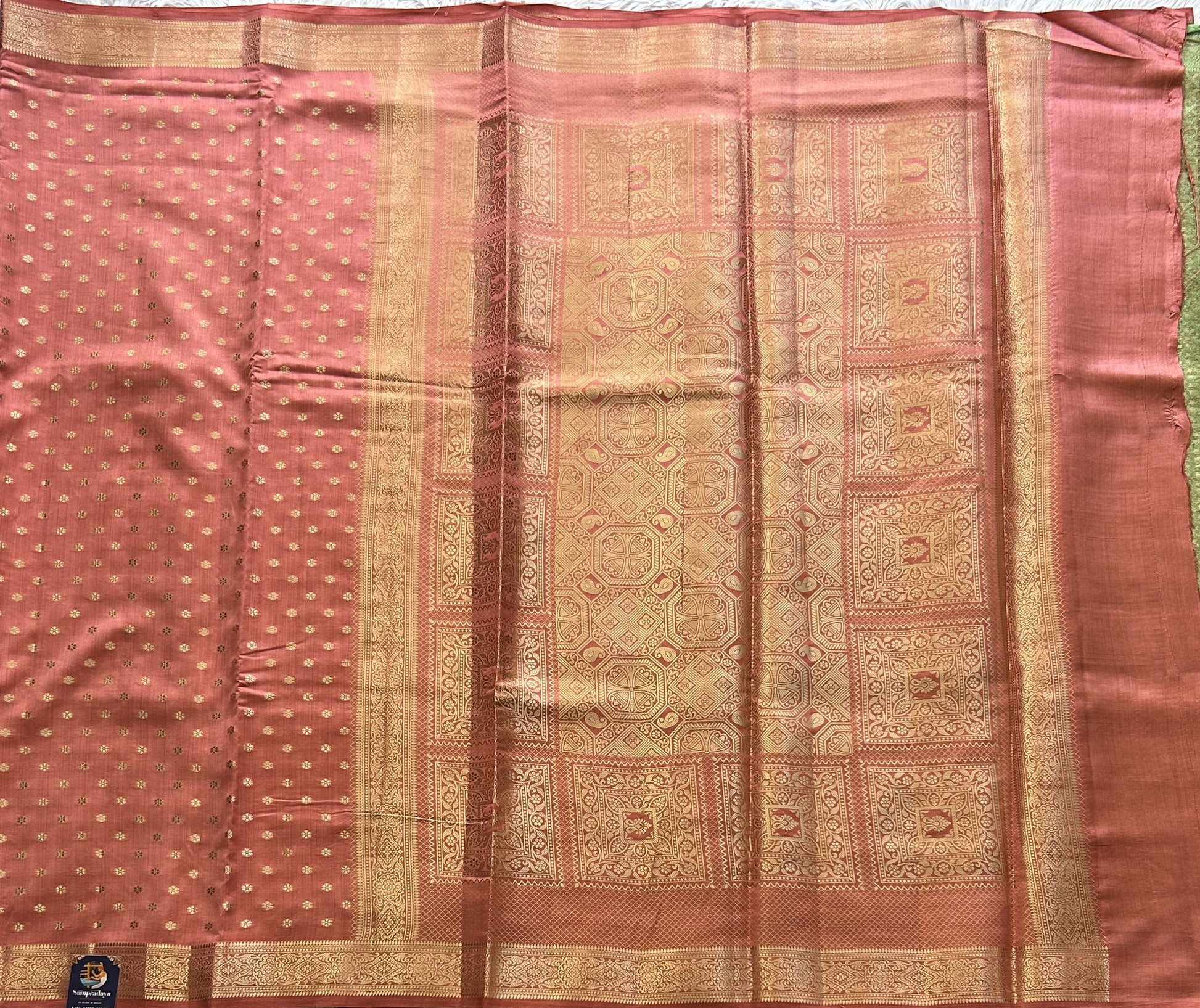 Pure Chiniya Silk Saree Flamingo Colored Elegantly Paired with a Gold Zari Border. - Sampradaya Designer Studio