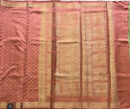 Pure Chiniya Silk Saree Flamingo Colored Elegantly Paired with a Gold Zari Border. - Sampradaya Designer Studio