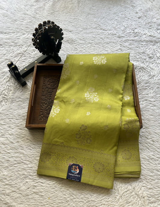 Semi Georgette Saree Neon Green Colored Paired with a Zari Border. - Sampradaya Designer Studio