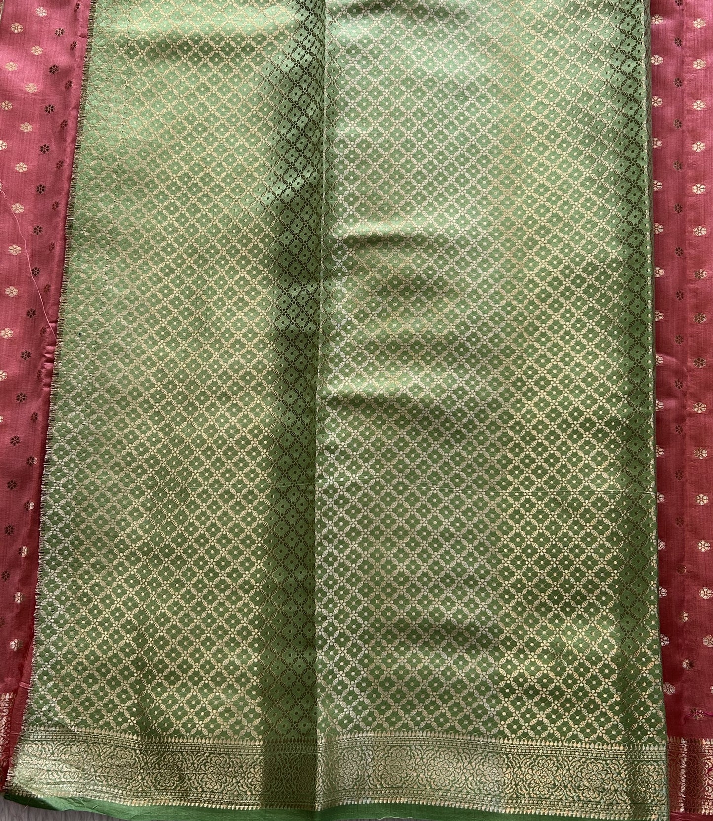 Pure Chiniya Silk Saree Flamingo Colored Elegantly Paired with a Gold Zari Border. - Sampradaya Designer Studio