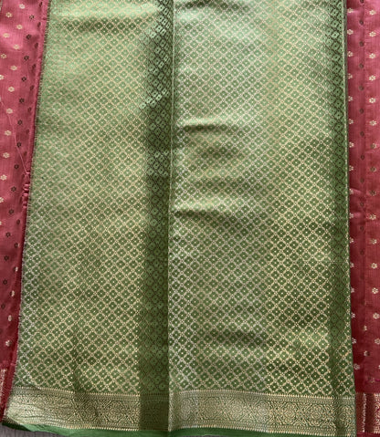 Pure Chiniya Silk Saree Flamingo Colored Elegantly Paired with a Gold Zari Border. - Sampradaya Designer Studio