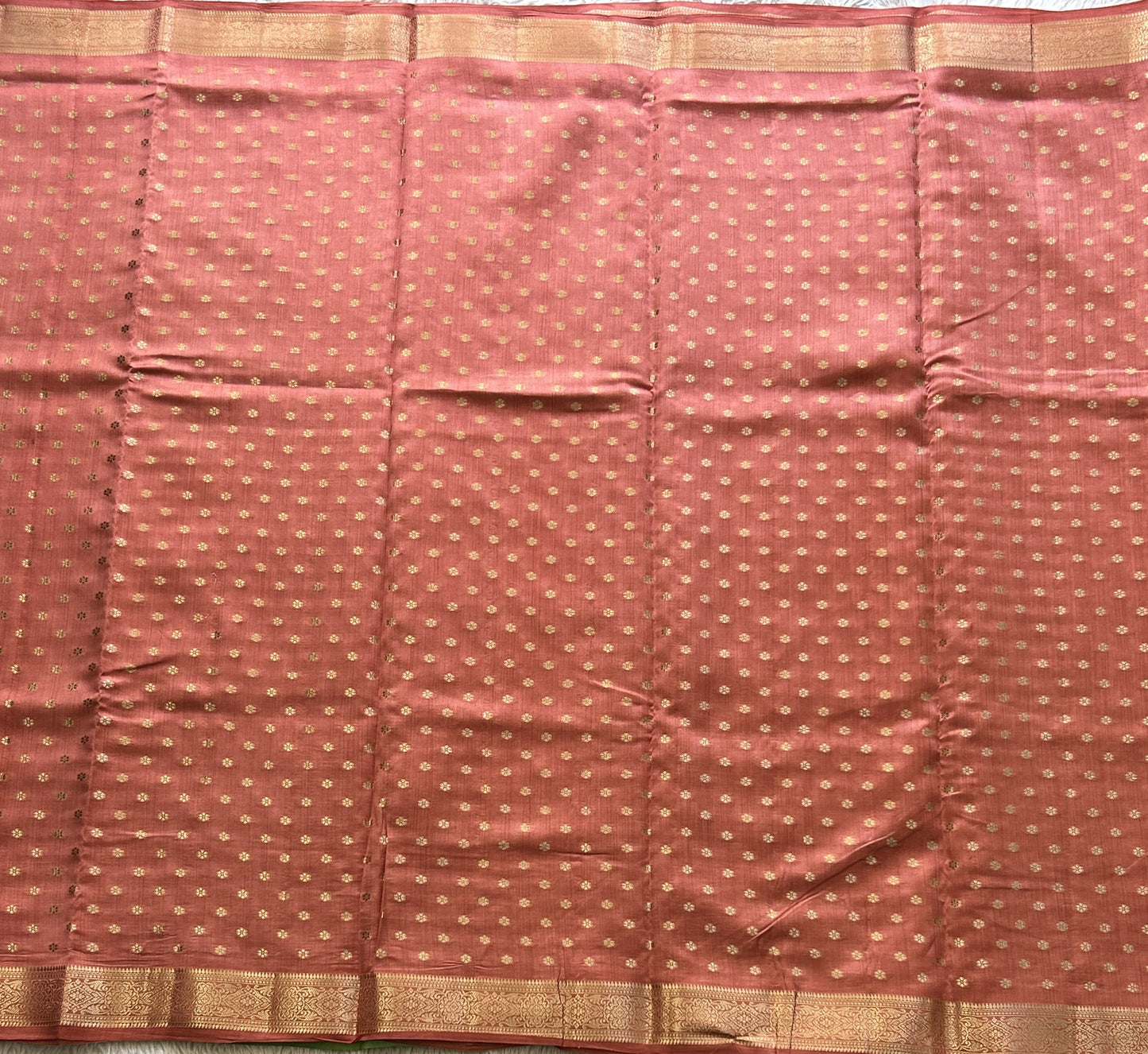 Pure Chiniya Silk Saree Flamingo Colored Elegantly Paired with a Gold Zari Border. - Sampradaya Designer Studio