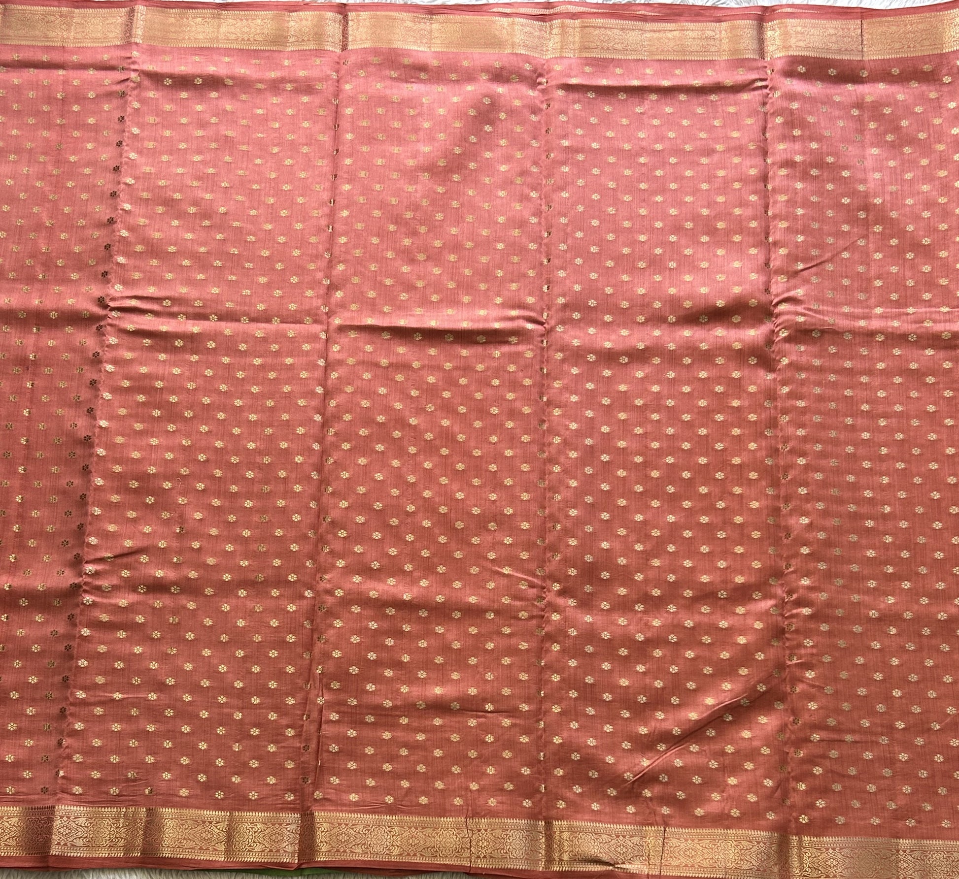 Pure Chiniya Silk Saree Flamingo Colored Elegantly Paired with a Gold Zari Border. - Sampradaya Designer Studio