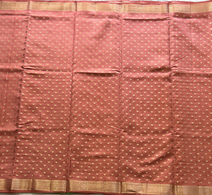 Pure Chiniya Silk Saree Flamingo Colored Elegantly Paired with a Gold Zari Border. - Sampradaya Designer Studio
