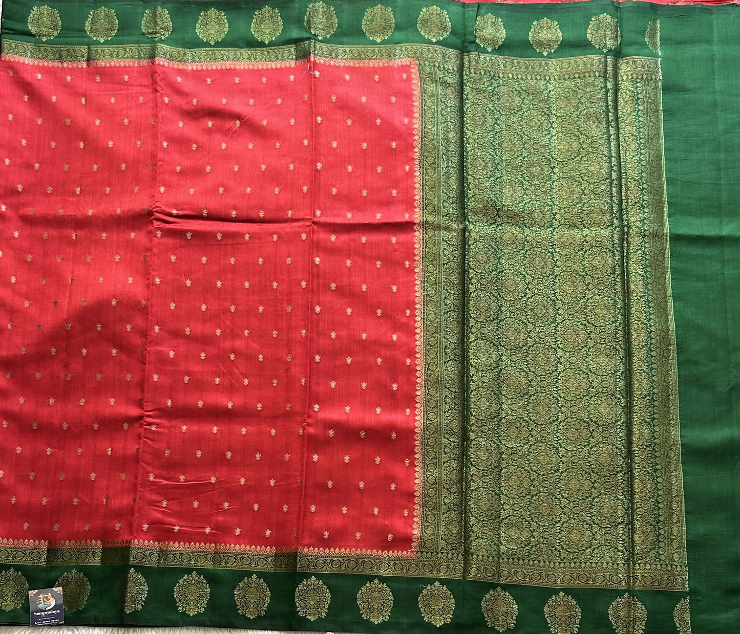 Pure Chiniya Silk Saree Dark Red Colored Elegantly Paired with a Gold Zari Border. - Sampradaya Designer Studio