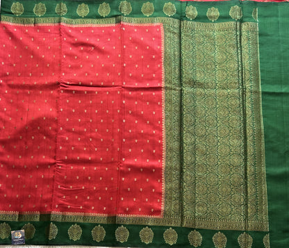Pure Chiniya Silk Saree Dark Red Colored Elegantly Paired with a Gold Zari Border. - Sampradaya Designer Studio