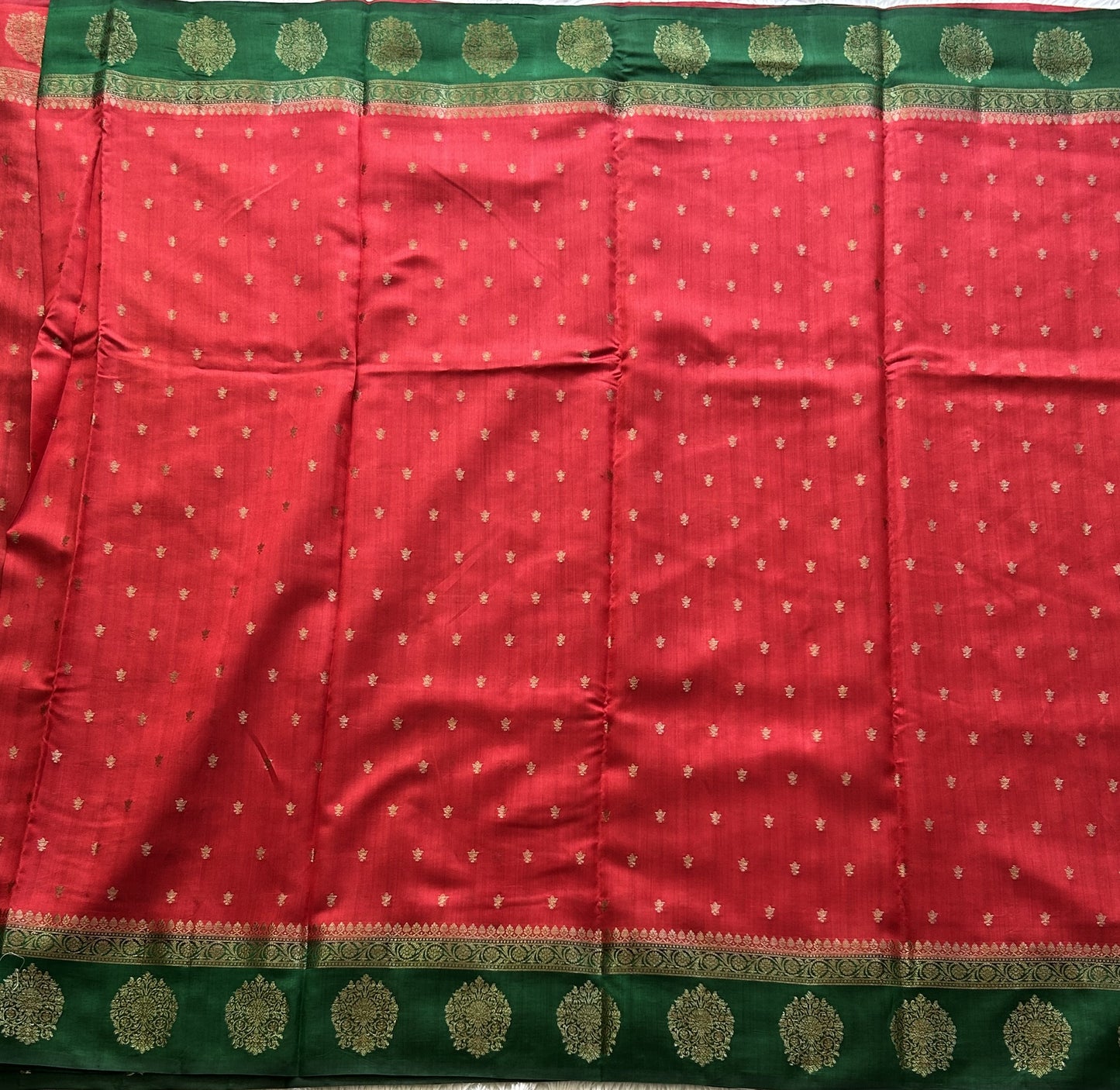 Pure Chiniya Silk Saree Dark Red Colored Elegantly Paired with a Gold Zari Border. - Sampradaya Designer Studio