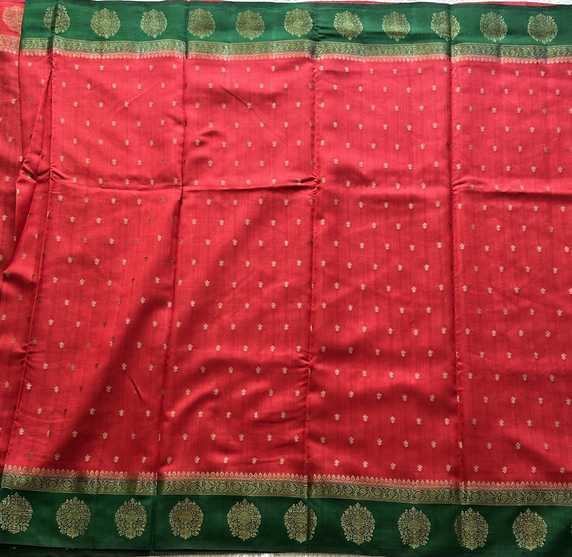 Pure Chiniya Silk Saree Dark Red Colored Elegantly Paired with a Gold Zari Border. - Sampradaya Designer Studio