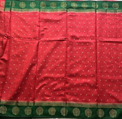 Pure Chiniya Silk Saree Dark Red Colored Elegantly Paired with a Gold Zari Border. - Sampradaya Designer Studio