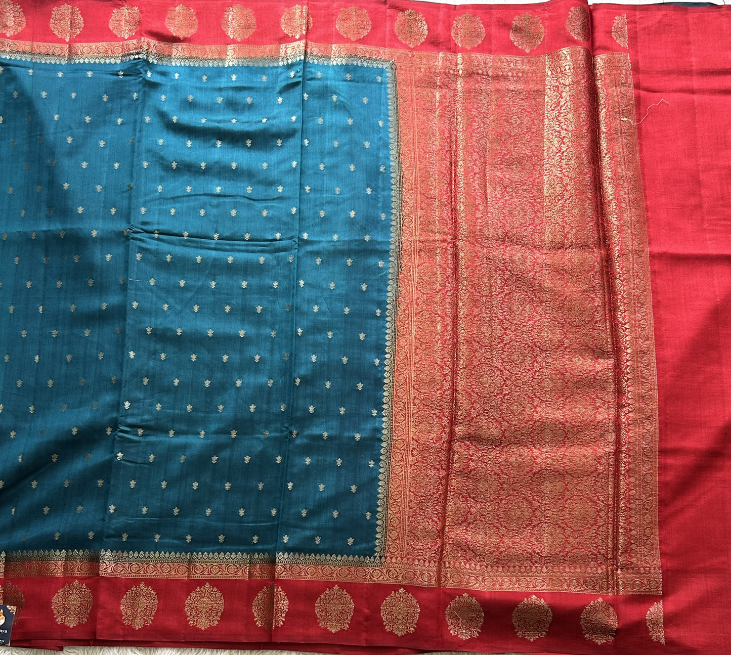 Pure Chiniya Silk Saree Dark Teel Blue Colored Elegantly Paired with a Gold Zari Border. - Sampradaya Designer Studio