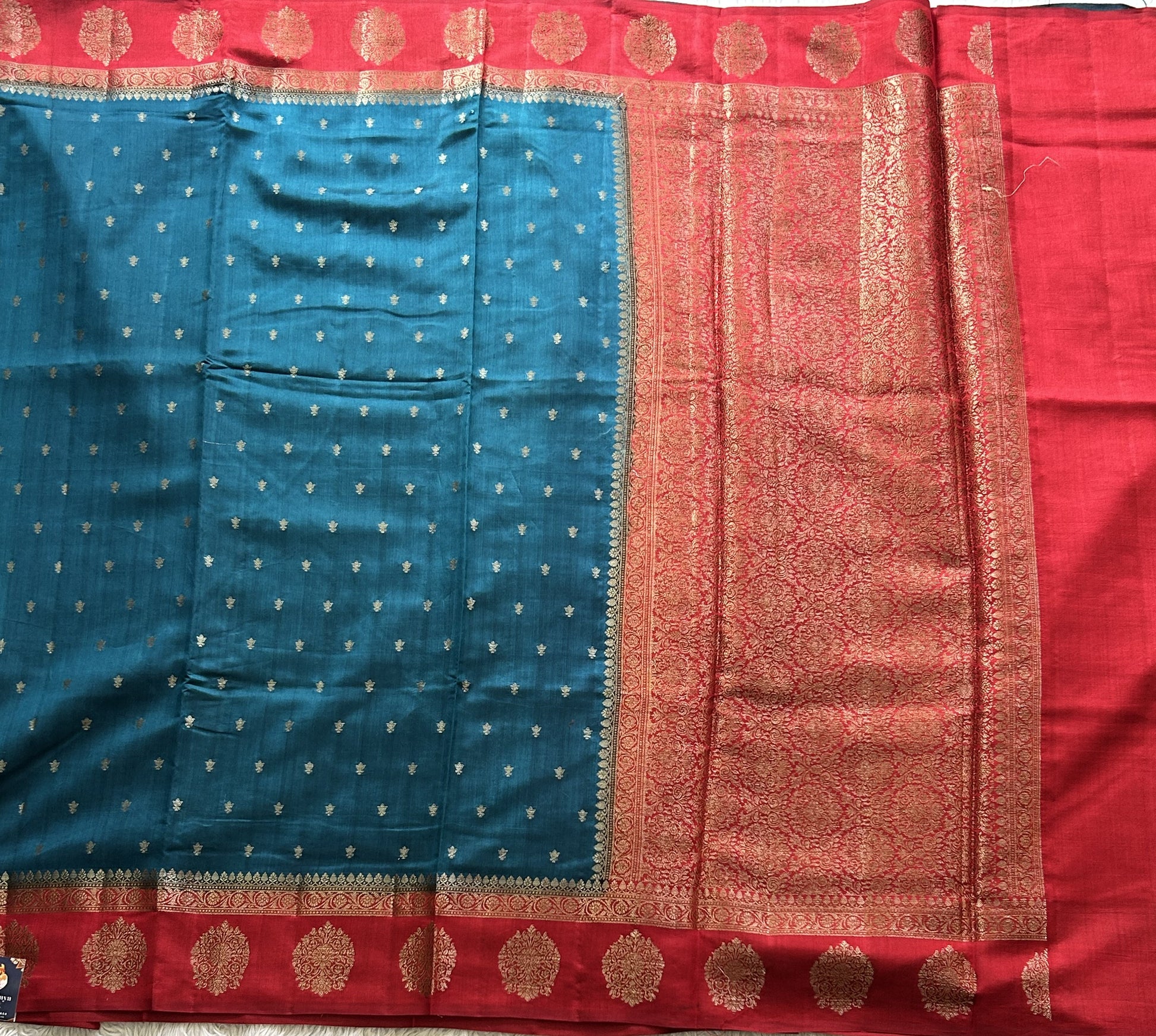 Pure Chiniya Silk Saree Dark Teel Blue Colored Elegantly Paired with a Gold Zari Border. - Sampradaya Designer Studio