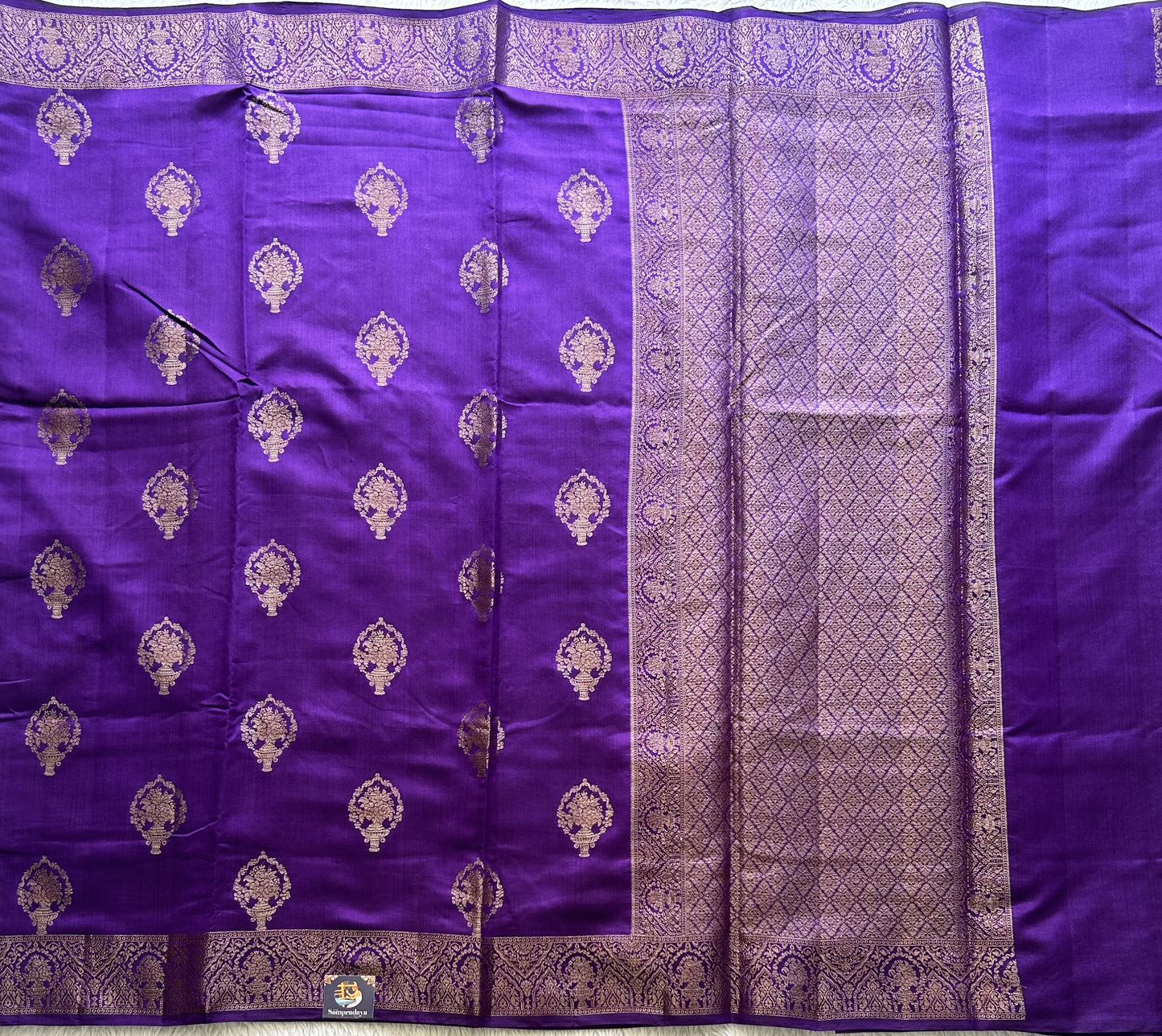 Pure Chiniya Silk Saree Eggplant Colored Elegantly Paired with a Gold Zari Border. - Sampradaya Designer Studio