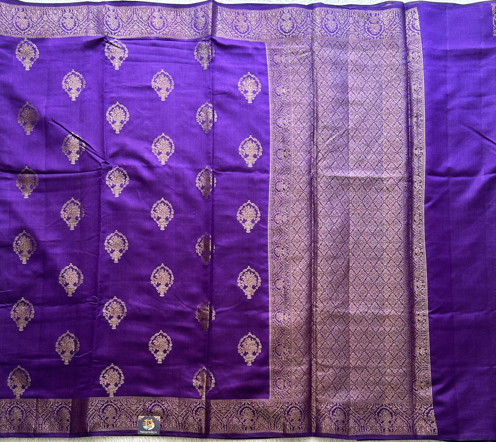Pure Chiniya Silk Saree Eggplant Colored Elegantly Paired with a Gold Zari Border. - Sampradaya Designer Studio