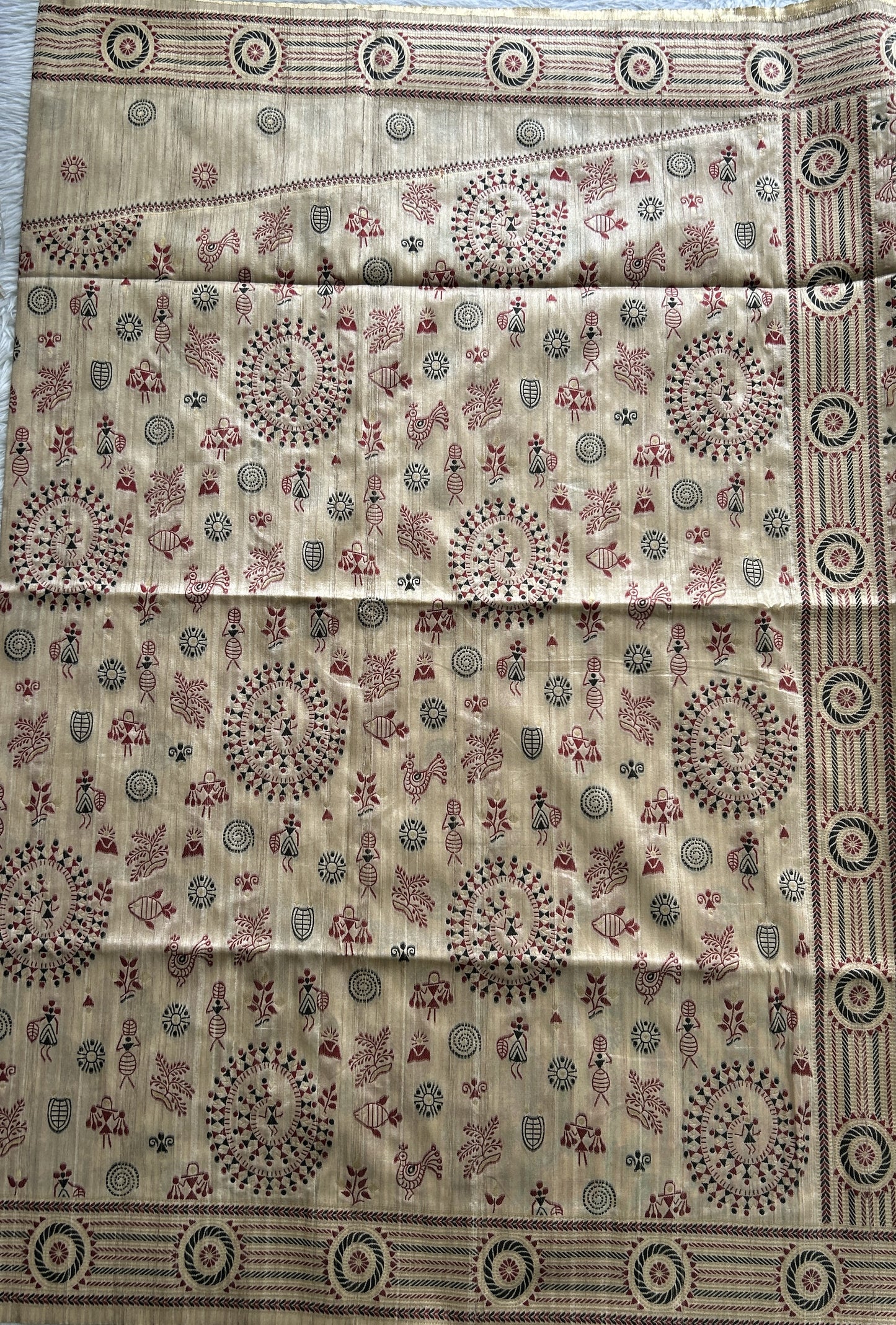 Semi Tussar Saree Light Peach Colored complemented with a Zari Border. - Sampradaya Designer Studio