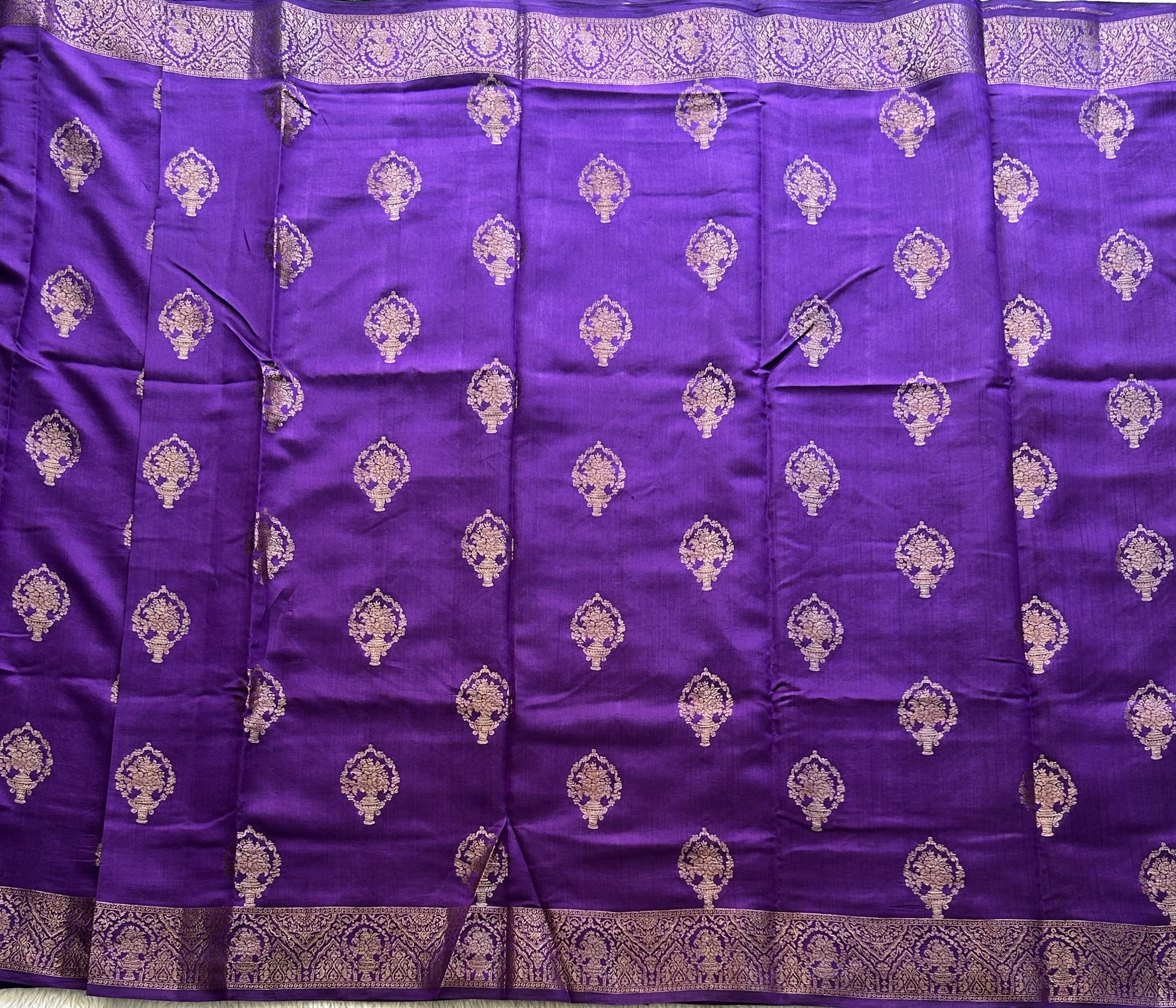Pure Chiniya Silk Saree Eggplant Colored Elegantly Paired with a Gold Zari Border. - Sampradaya Designer Studio