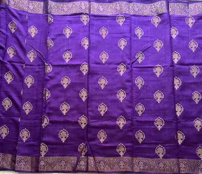 Pure Chiniya Silk Saree Eggplant Colored Elegantly Paired with a Gold Zari Border. - Sampradaya Designer Studio