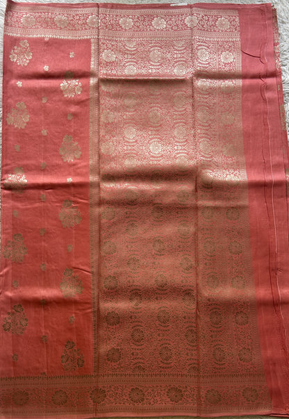 Semi Georgette Saree Strawberry Colored Complemented with a Zari Border. - Sampradaya Designer Studio