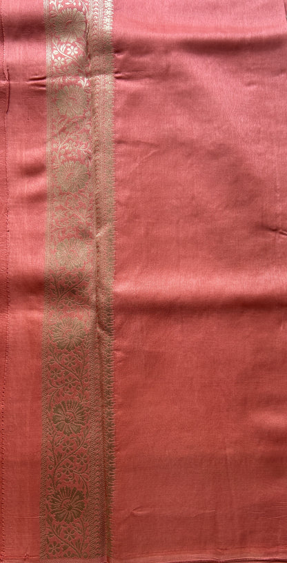 Semi Georgette Saree Strawberry Colored Complemented with a Zari Border. - Sampradaya Designer Studio