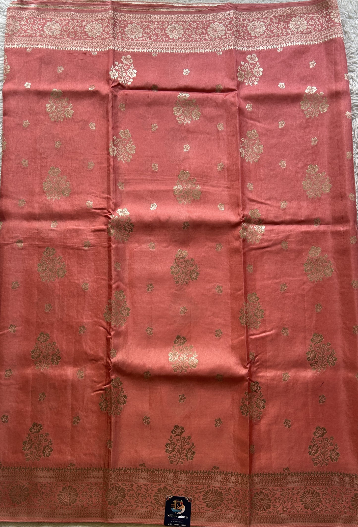 Semi Georgette Saree Strawberry Colored Complemented with a Zari Border. - Sampradaya Designer Studio