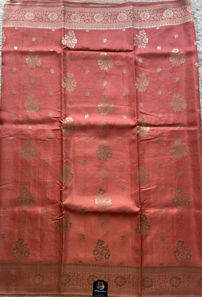 Semi Georgette Saree Strawberry Colored Complemented with a Zari Border. - Sampradaya Designer Studio