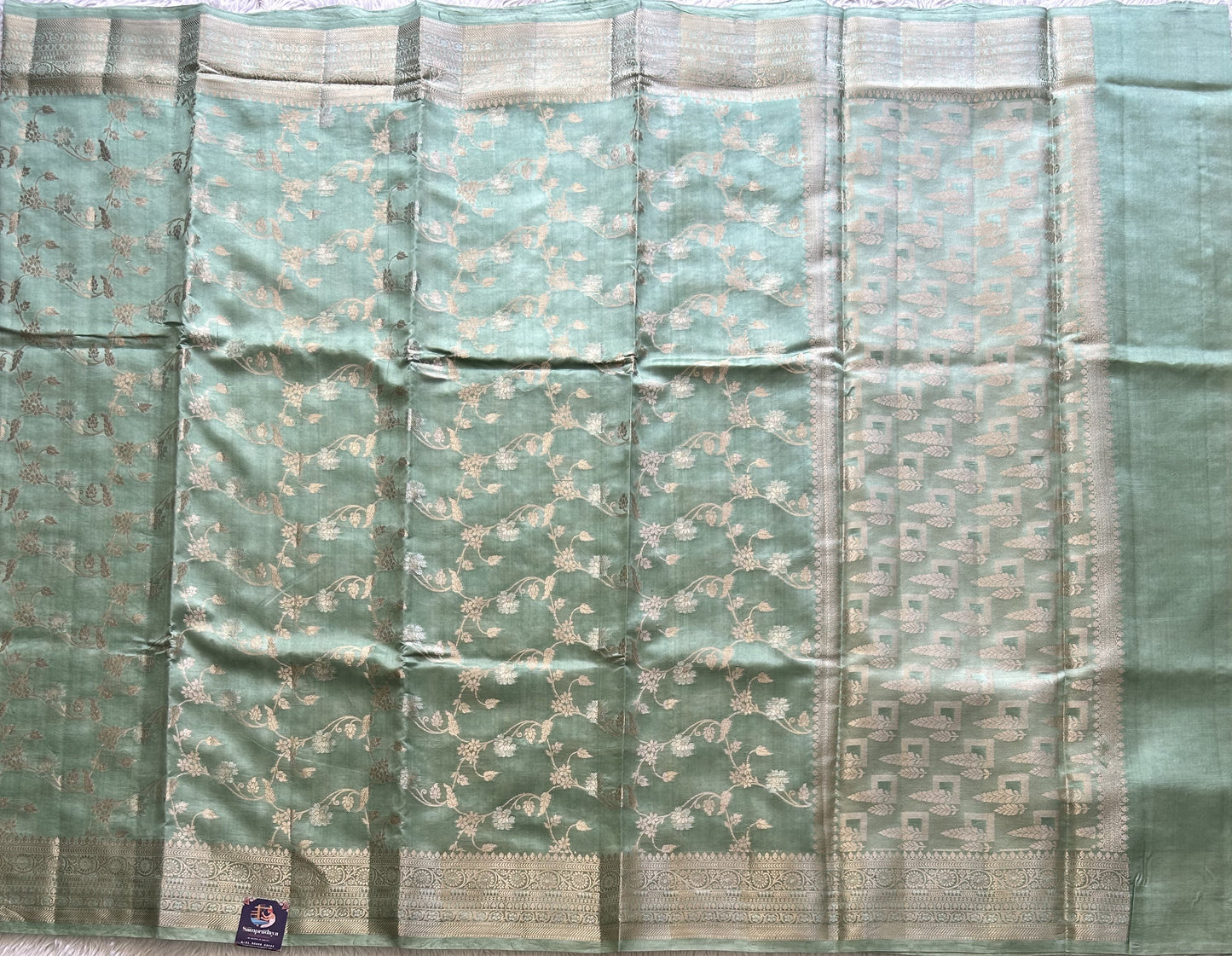 Pure Chiniya Silk Saree Mint Green Colored Elegantly Paired with a Gold Zari Border. - Sampradaya Designer Studio