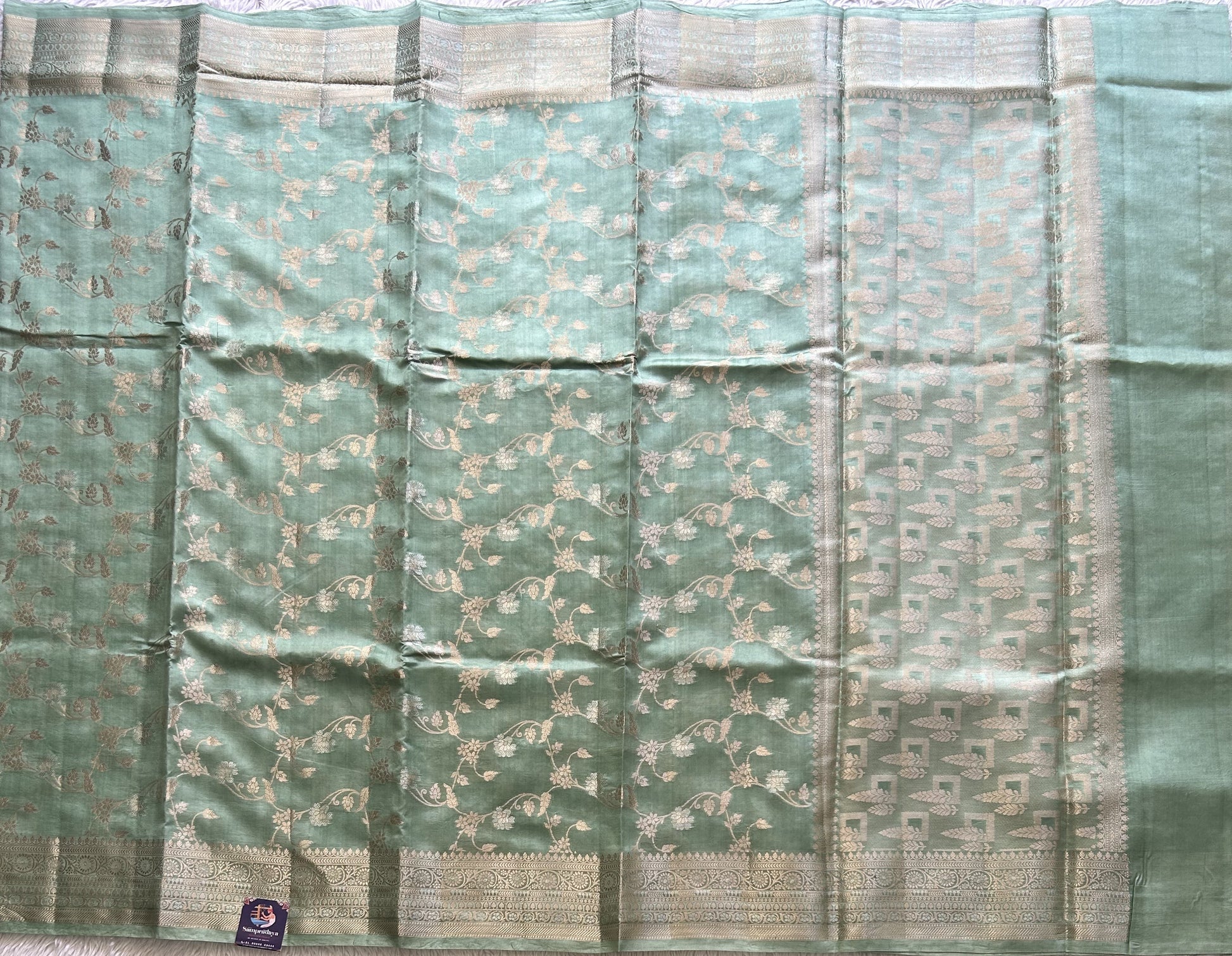 Pure Chiniya Silk Saree Mint Green Colored Elegantly Paired with a Gold Zari Border. - Sampradaya Designer Studio