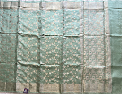 Pure Chiniya Silk Saree Mint Green Colored Elegantly Paired with a Gold Zari Border. - Sampradaya Designer Studio