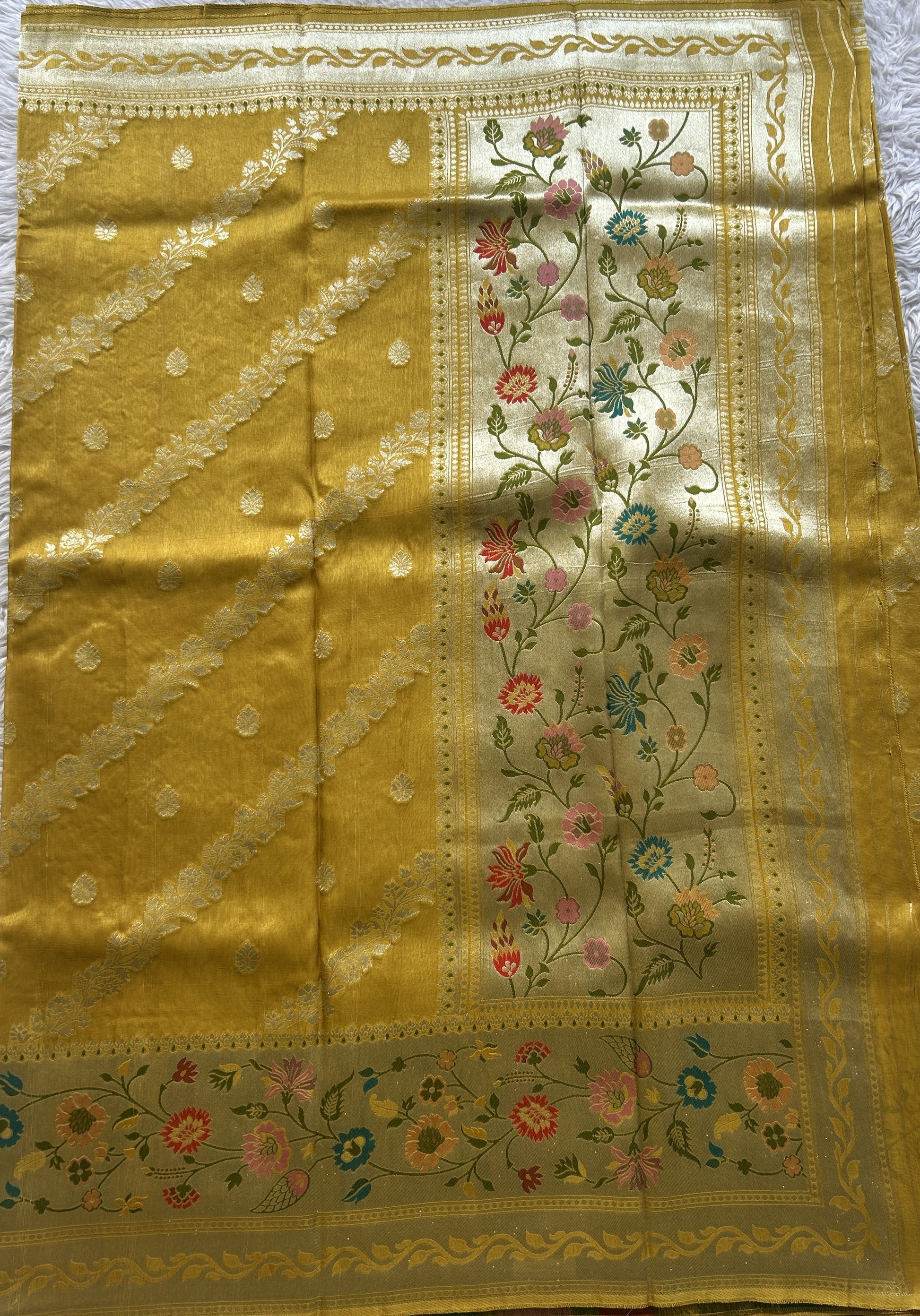 Banarasi Tussar Georgette Saree Yellow Colored Paired With a Minakari Border. - Sampradaya Designer Studio