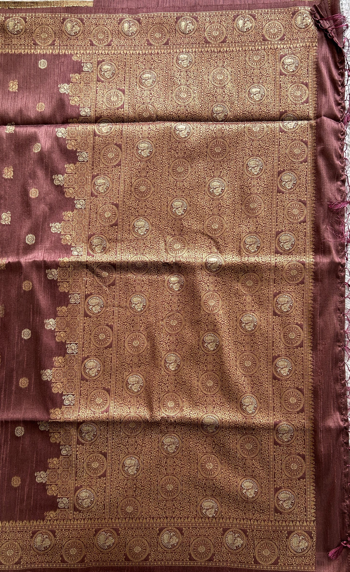 Semi Tussar Saree Mauve Colored complemented with a Zari Border. - Sampradaya Designer Studio