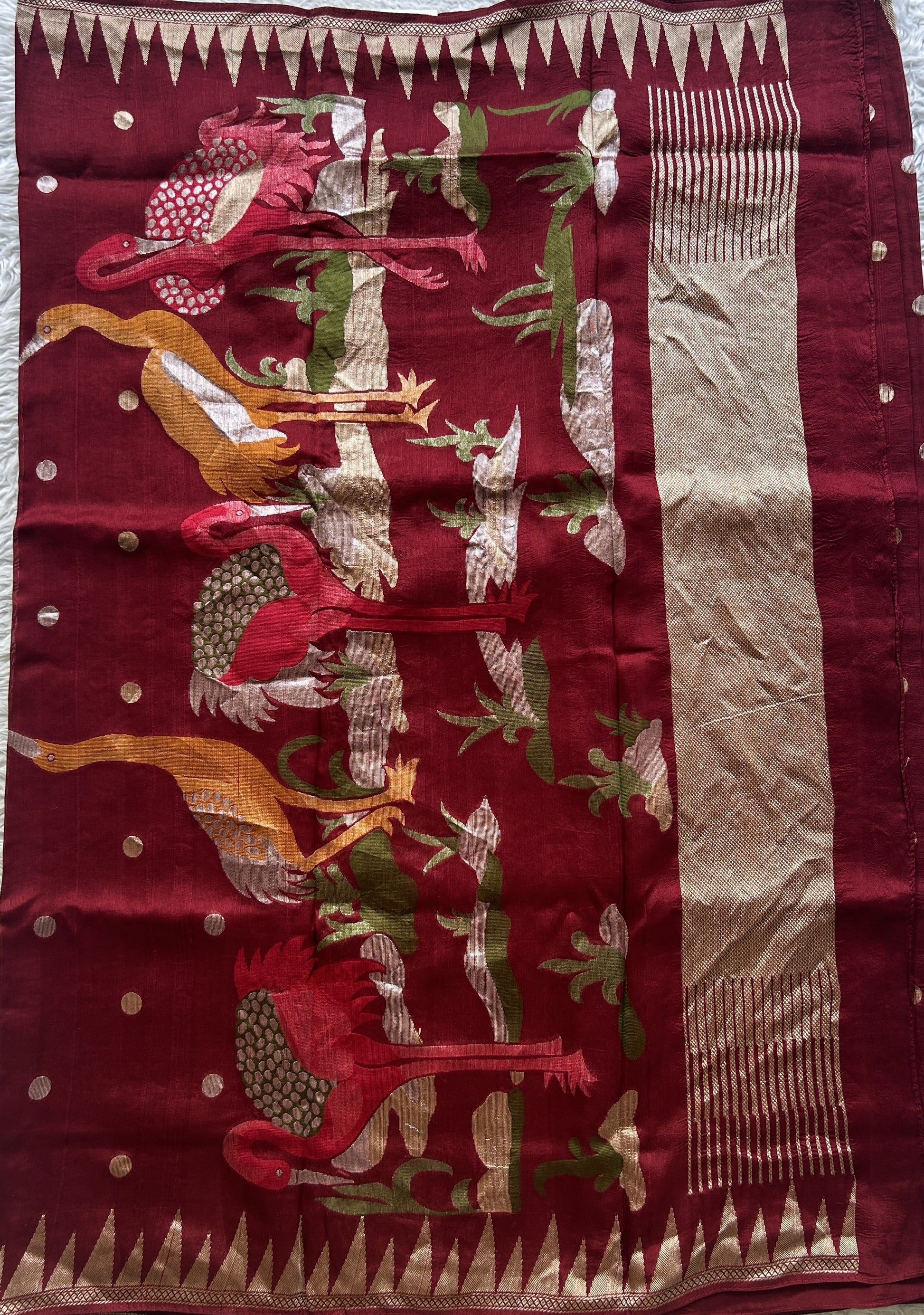 Banarasi Tussar Georgette Saree Maroon Colored Exquisite Zari Border. - Sampradaya Designer Studio