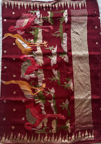 Banarasi Tussar Georgette Saree Maroon Colored Exquisite Zari Border. - Sampradaya Designer Studio