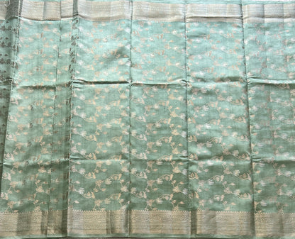 Pure Chiniya Silk Saree Mint Green Colored Elegantly Paired with a Gold Zari Border. - Sampradaya Designer Studio