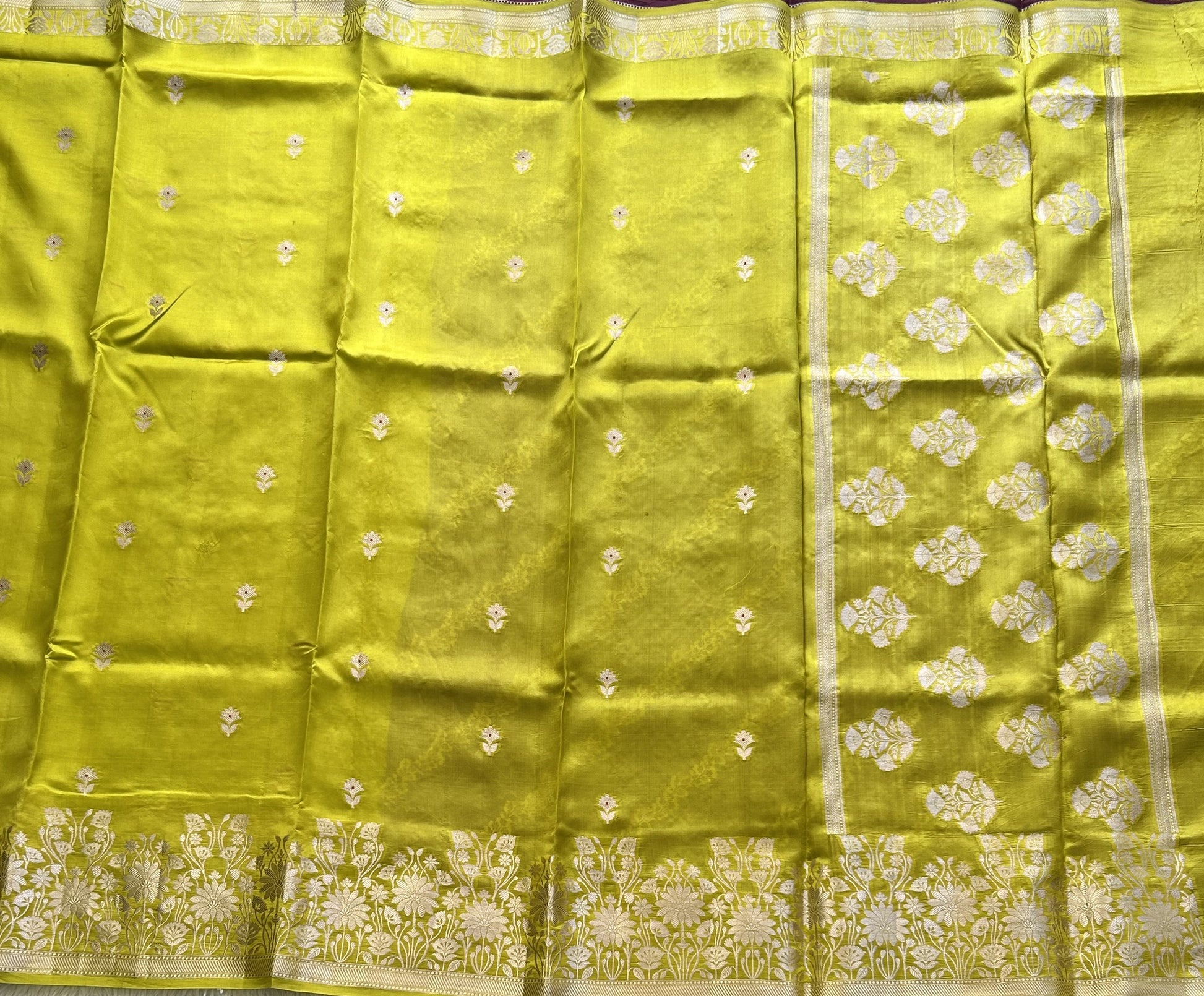 Pure Chiniya Silk Saree Light Yellow Colored Elegantly Paired with a Silver Zari Border. - Sampradaya Designer Studio