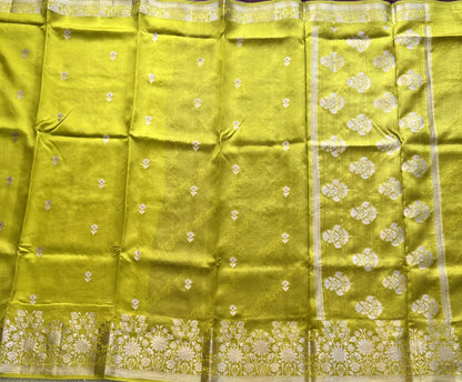 Pure Chiniya Silk Saree Light Yellow Colored Elegantly Paired with a Silver Zari Border. - Sampradaya Designer Studio