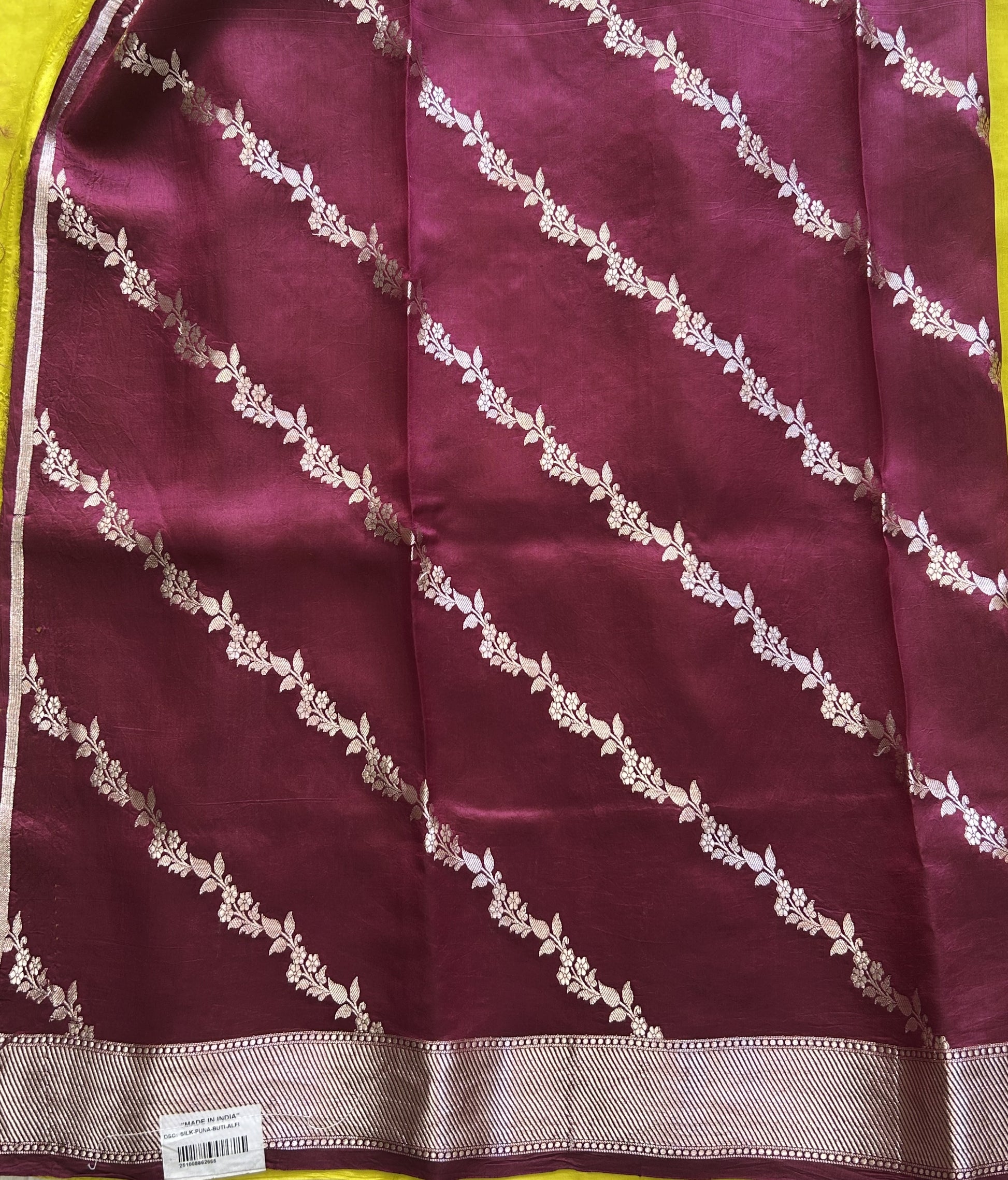 Pure Chiniya Silk Saree Light Yellow Colored Elegantly Paired with a Silver Zari Border. - Sampradaya Designer Studio