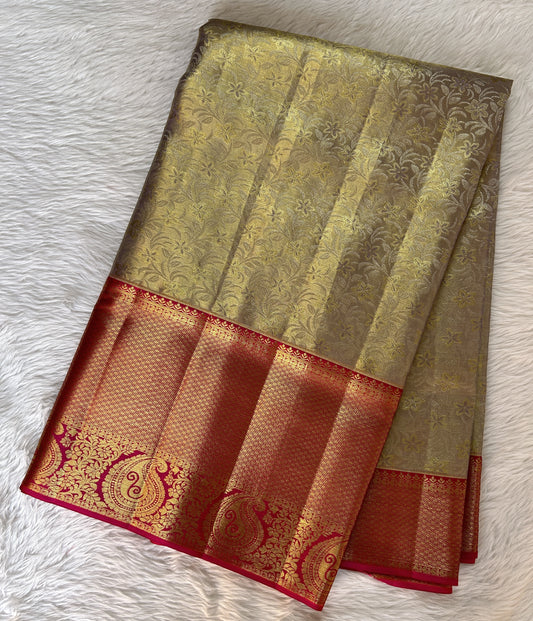 Kanjivaram Bridal Silk Saree Pastel Green colored Saree complemented with a Pink Colored Gold Kanchi border. - Sampradaya Designer Studio