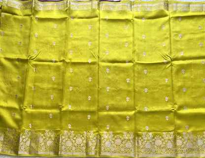 Pure Chiniya Silk Saree Light Yellow Colored Elegantly Paired with a Silver Zari Border. - Sampradaya Designer Studio